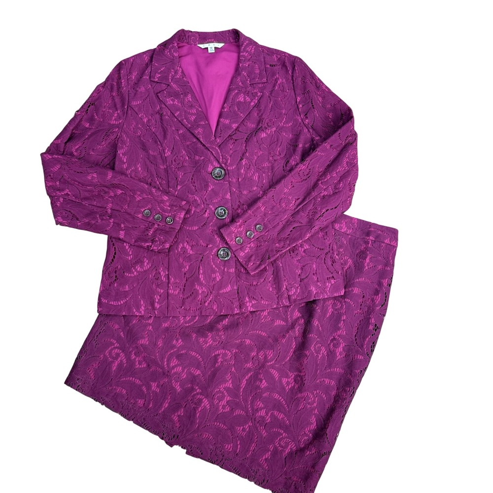 Cabi Lace Skirt Suit Set Women Size 10 Jacket-Size 12 Skirt Magenta Lined